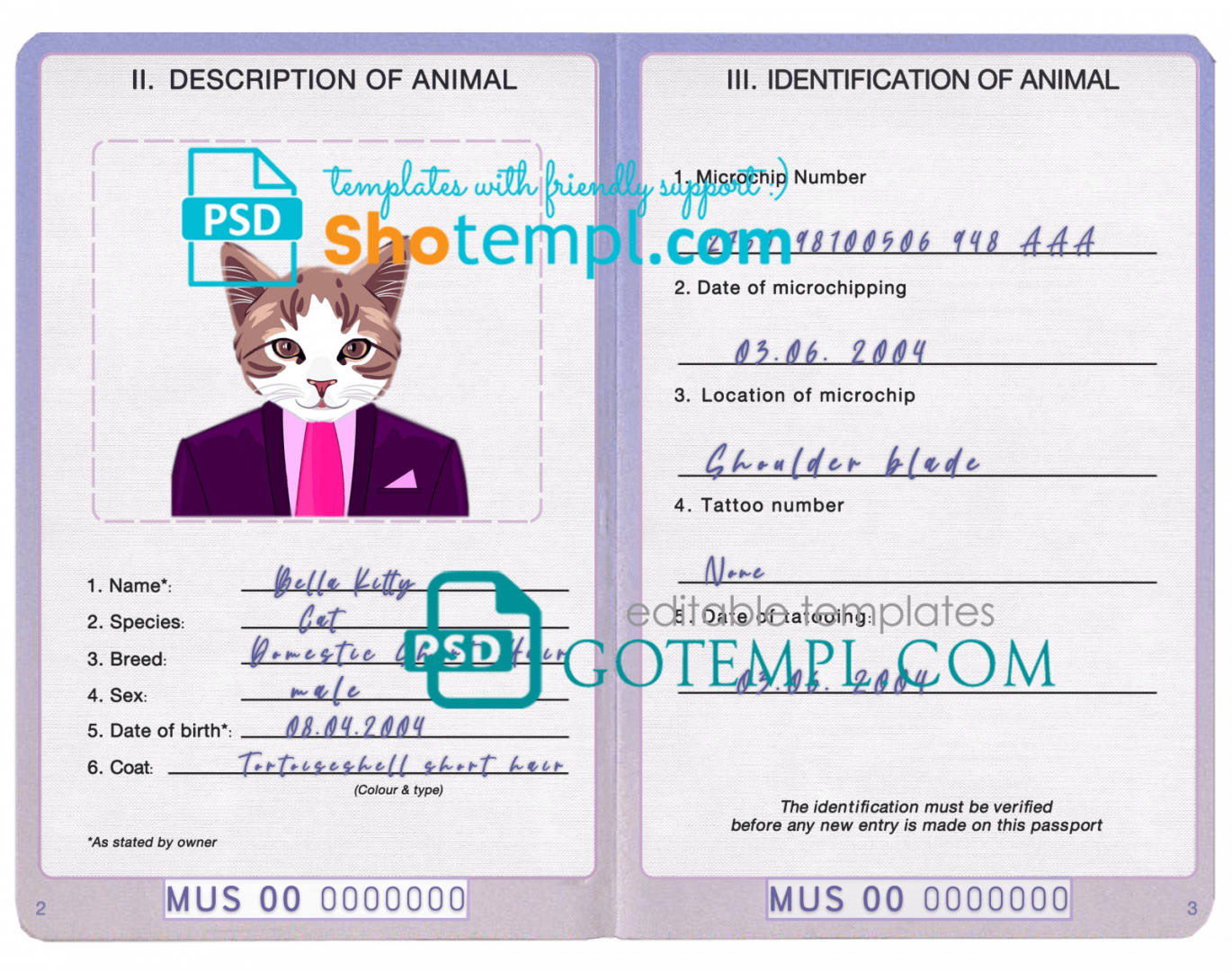free download United States of America cat (animal, pet) passport PSD example, fully editable