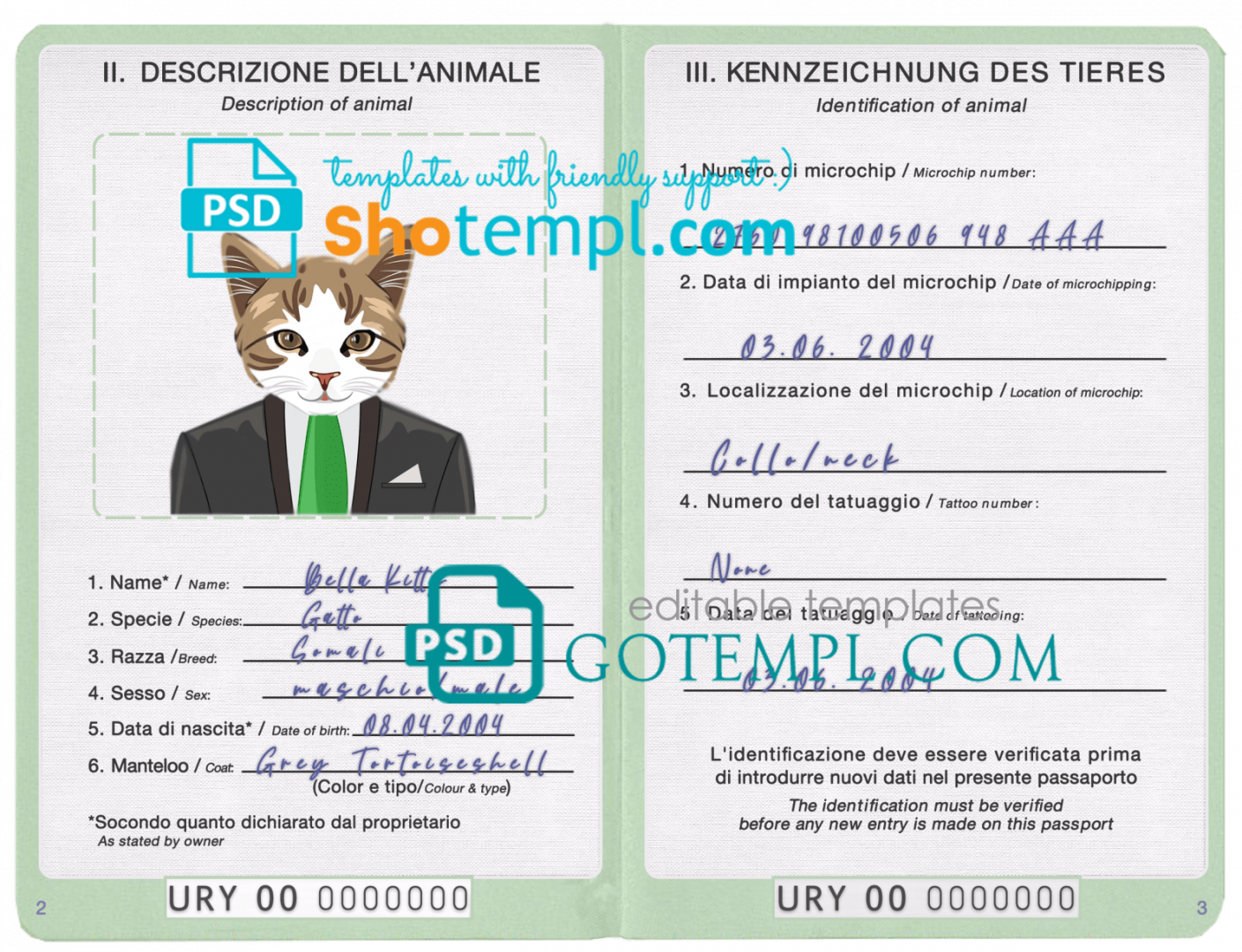 free download Uruguayan cat (animal, pet) passport PSD example, completely editable