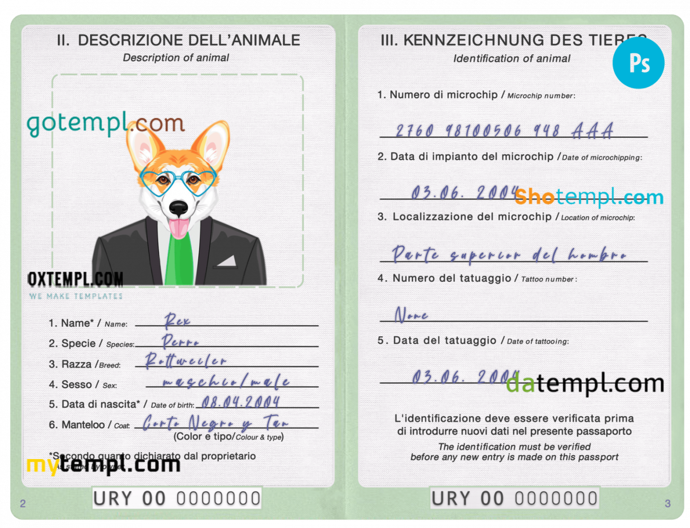 free download Uruguayan dog (animal, pet) passport PSD example, completely editable