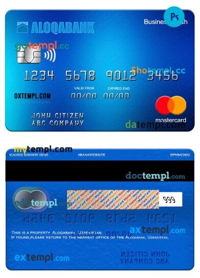Uzbekistan Aloqabank business cash mastercard template in PSD format