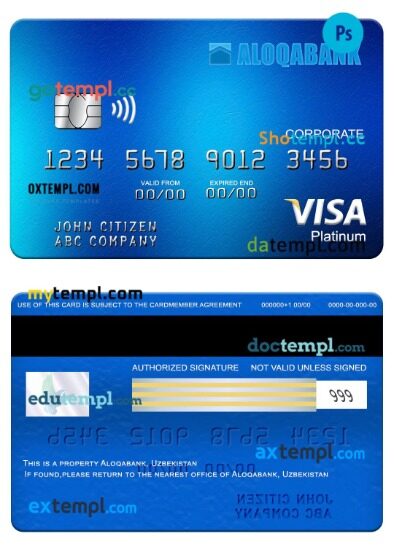 Uzbekistan Aloqabank visa platinum corporate card template in PSD format