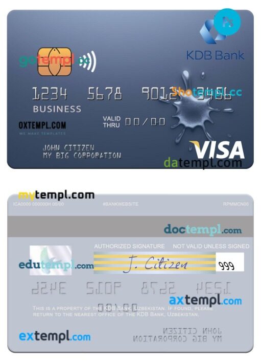 Uzbekistan KDB Bank visa business card template in PSD format