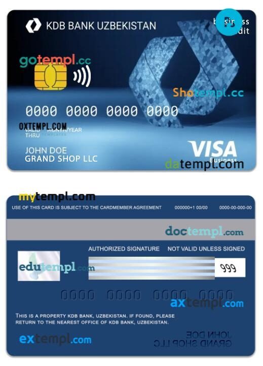 Uzbekistan KDB Bank visa business credit card template in PSD format