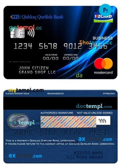 Uzbekistan Qishloq Qurilish Bank business mastercard template in PSD format