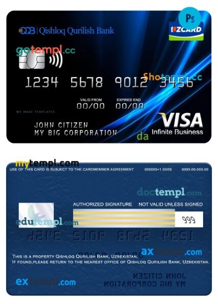 Uzbekistan Qishloq Qurilish Bank visa infinite business card template in PSD format