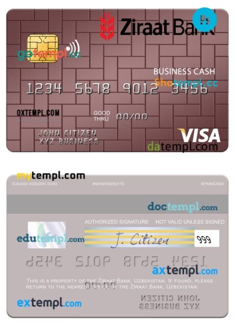 Uzbekistan Ziraat Bank visa business card template in PSD format