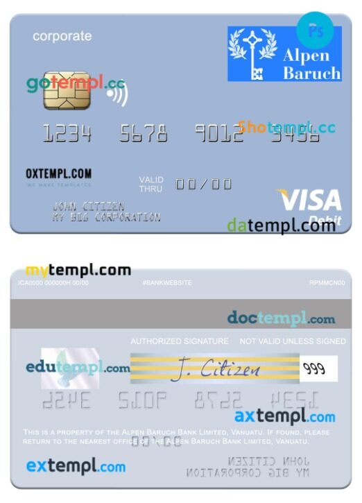 Vanuatu Alpen Baruch Bank Limited corporate visa debit card template in PSD format