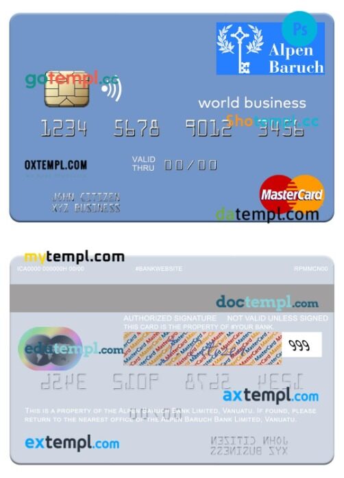 Vanuatu Alpen Baruch Bank Limited world business mastercard template in PSD format