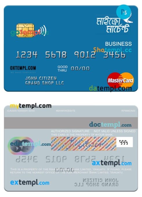 Vanuatu Asia Merchant Bank Limited business mastercard template in PSD format