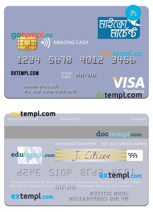 Vanuatu Asia Merchant Bank Limited visa amazing cash business card template in PSD format