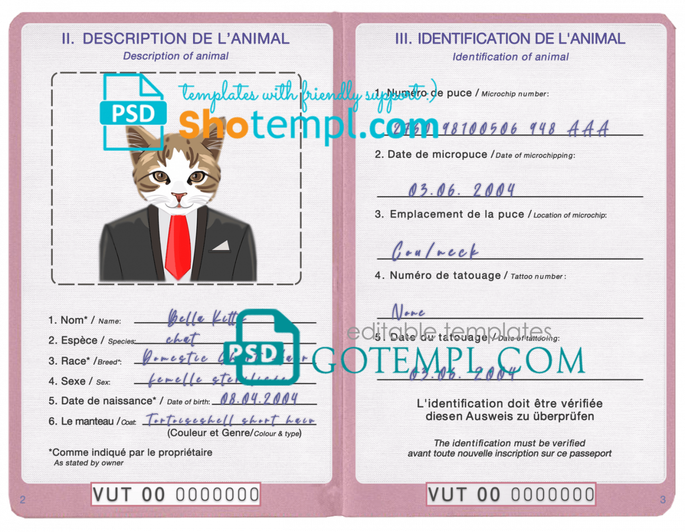 free download Vanuatu cat (animal, pet) passport PSD example, completely editable