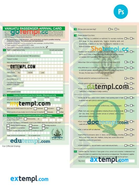 Vanuatu arrival card template in PSD format