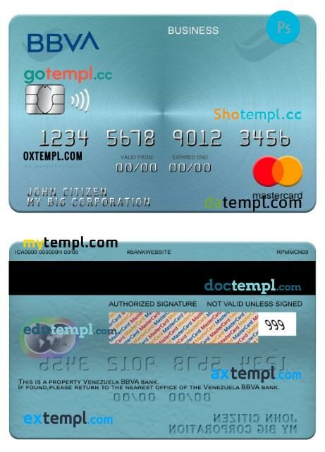 Venezuela BBVA bank business mastercard template in PSD format