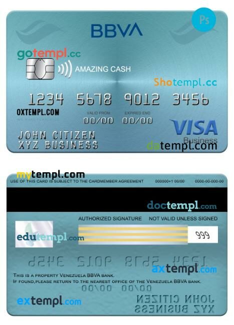Venezuela BBVA bank visa Cash business card template in PSD format