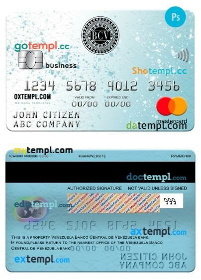 Venezuela Banco Central de Venezuela bank business mastercard template in PSD format