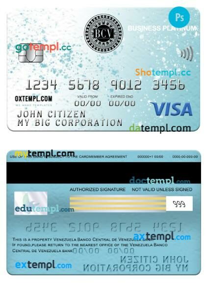 Venezuela Banco Central de Venezuela bank business platinum visa card template in PSD format