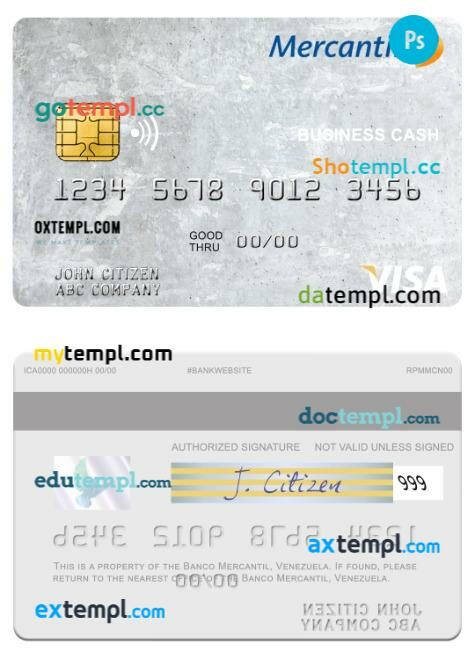 Venezuela Banco Mercantil business cash visa card template in PSD format