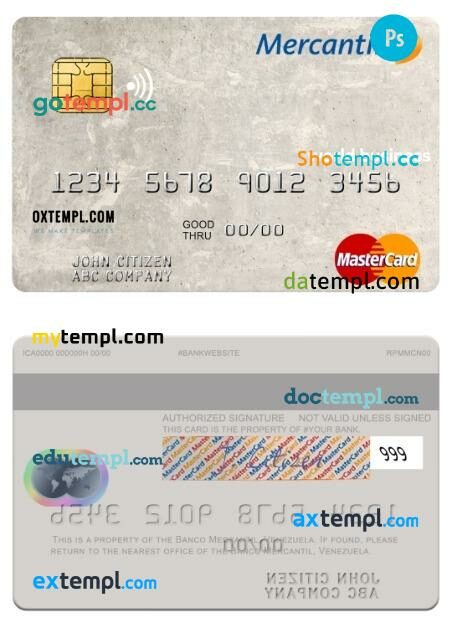 Venezuela Banco Mercantil world business mastercard template in PSD format