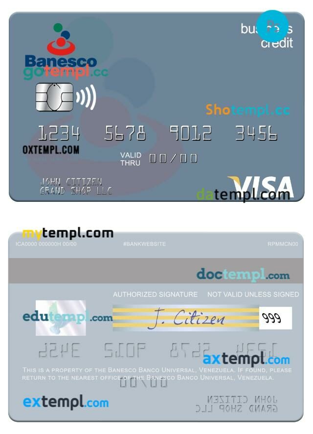Venezuela Banesco Banco Universal business credit visa card template in PSD format