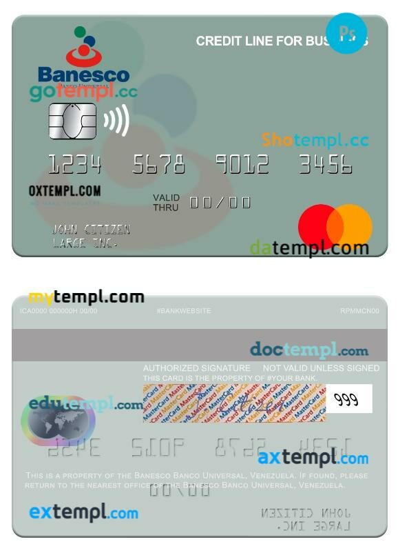 Venezuela Banesco Banco Universal credit line for business mastercard template in PSD format