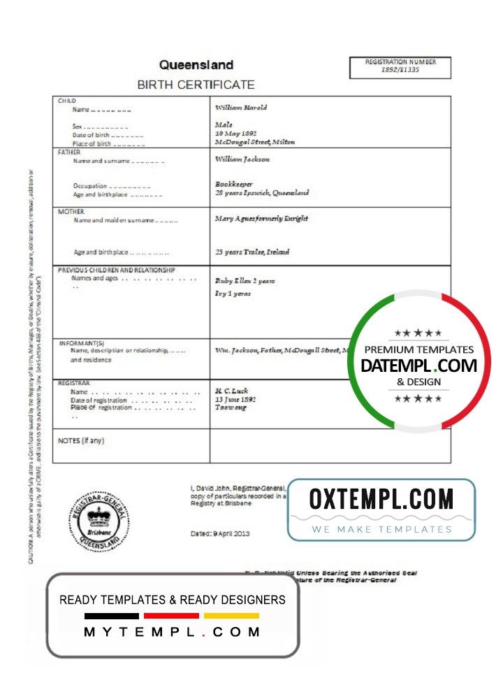 Australian Queensland birth certificate example in Word format