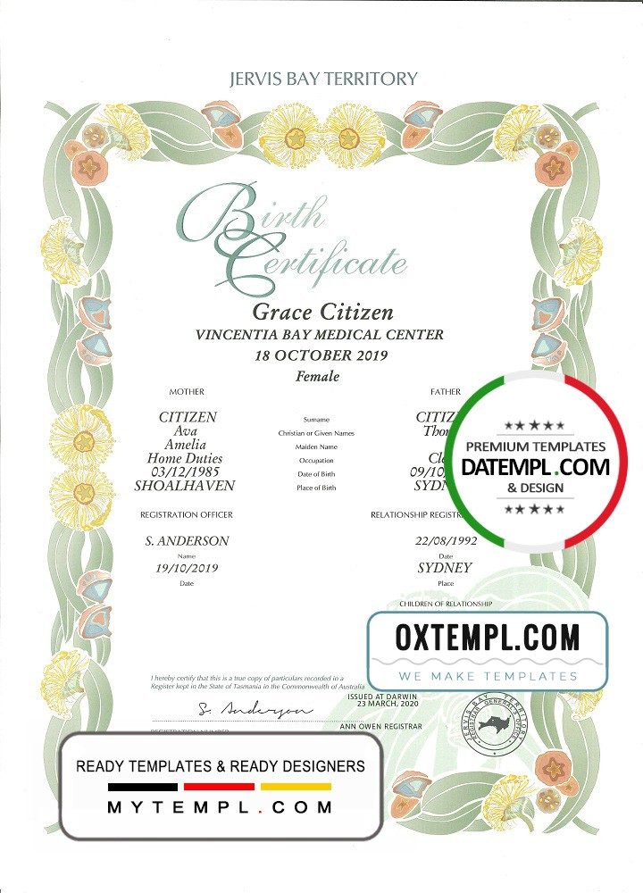 Australian Jervis Bay Territory decorative birth certificate example in PSD format, fully editable