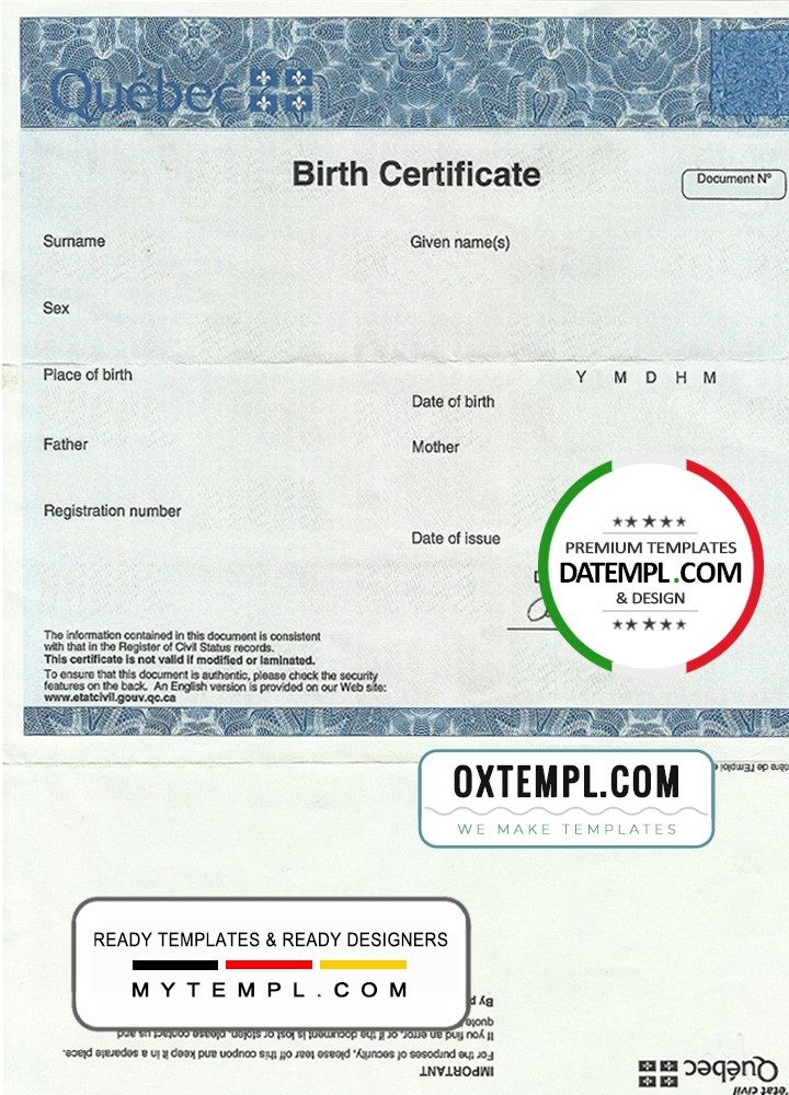 Canadian Quebec Birth Certificate example in PSD format