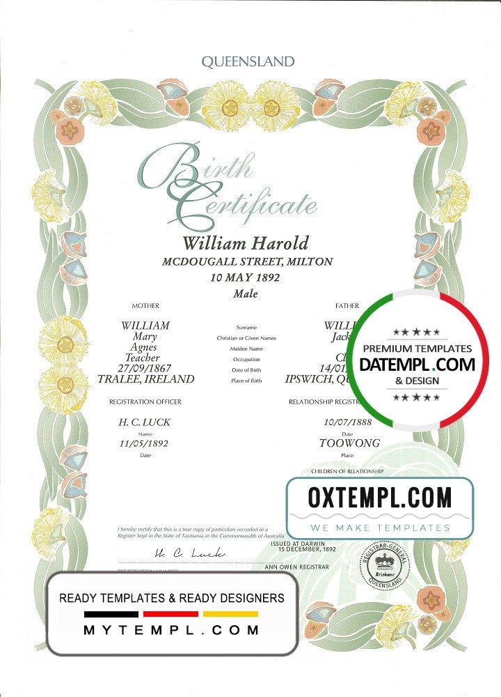 Australian Queensland decorative (commemorative) birth certificate example in PSD format, fully editable