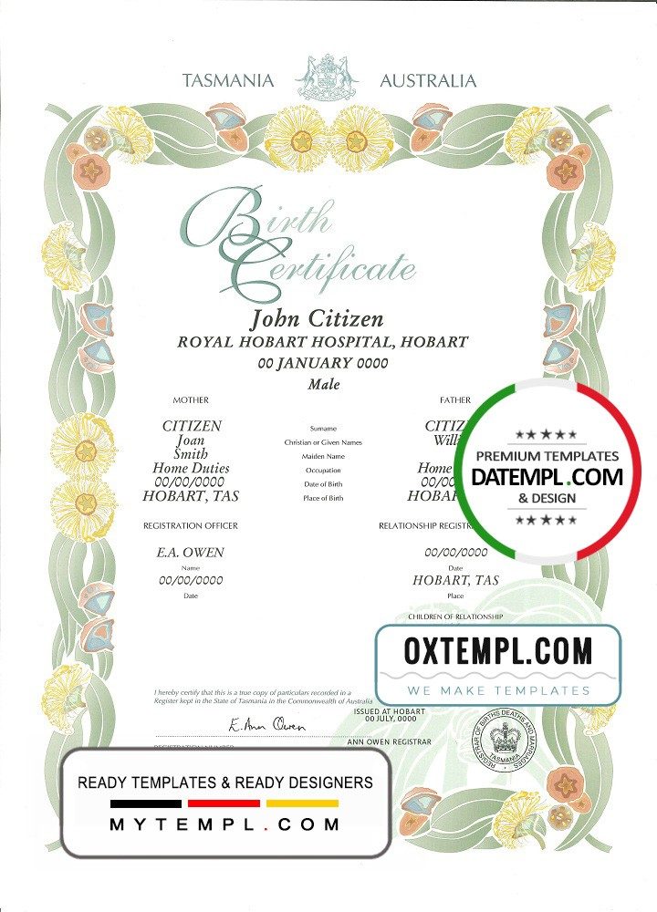Australian Tasmania decorative (commemorative) birth certificate example in PSD format, fully editable