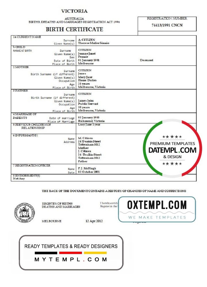 Australian Victoria birth certificate example in Word format, version 2