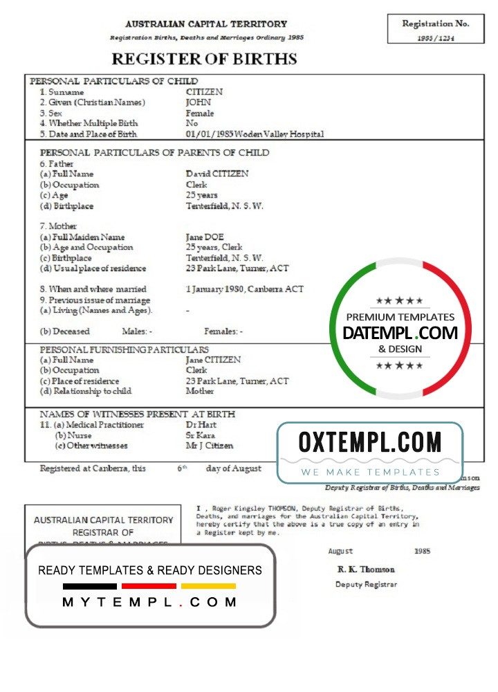 Australian Australiann Capital Territory birth certificate example in Word format, version 1