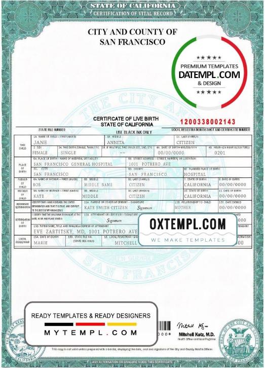 USA California state birth certificate example in PSD format, fully editable