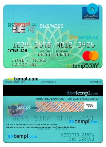 Yemen Gulf Bank business mastercard template in PSD format