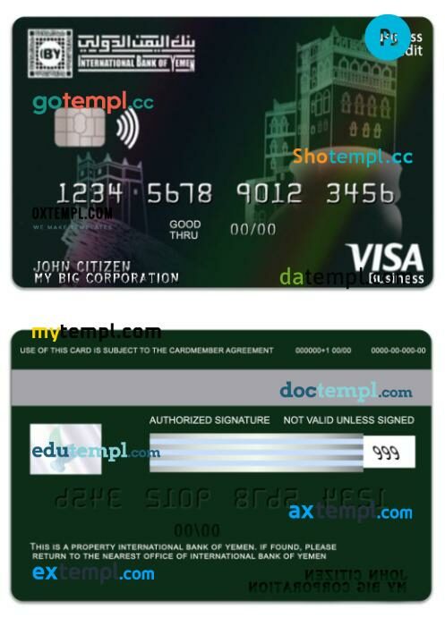 Yemen International Bank of Yemen visa business credit card template in PSD format
