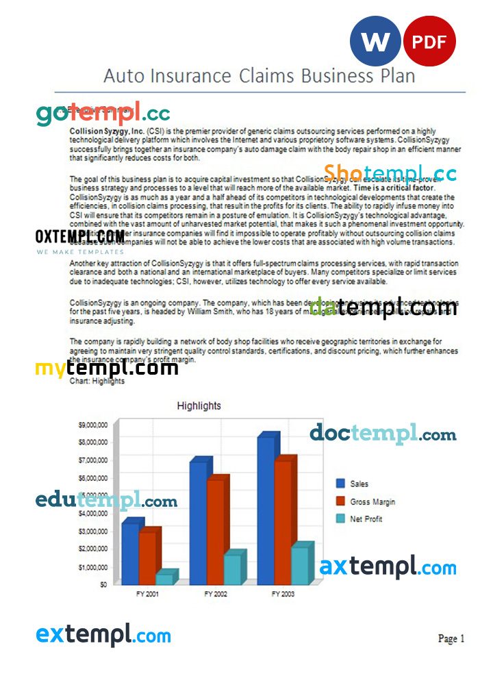 auto insurance claims business plan example in Word and PDF formats
