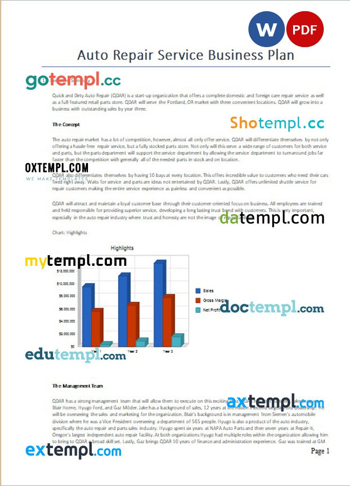 auto repair service business plan example in Word and PDF formats