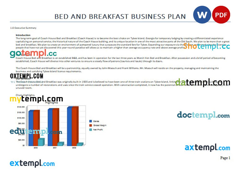 bed and breakfast business plan example in Word and PDF formats