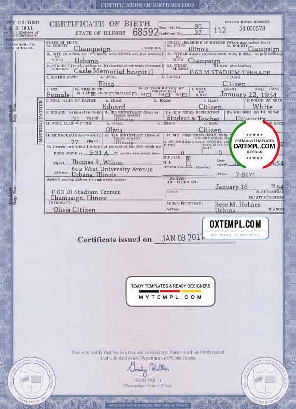 USA Illinois state birth certificate example in PSD format, fully editable