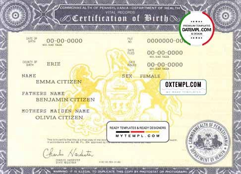 USA Pennsylvania state birth certificate example in PSD format, fully editable