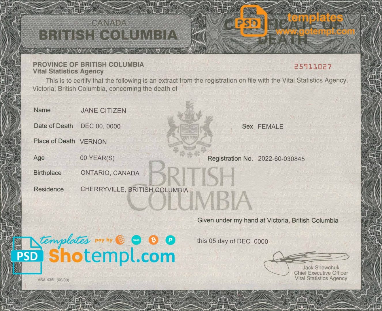 Canadian British Columbia death certificate example in PSD format