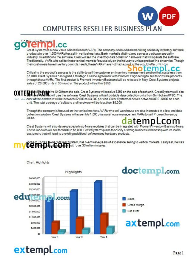 computers reseller business plan example in Word and PDF formats