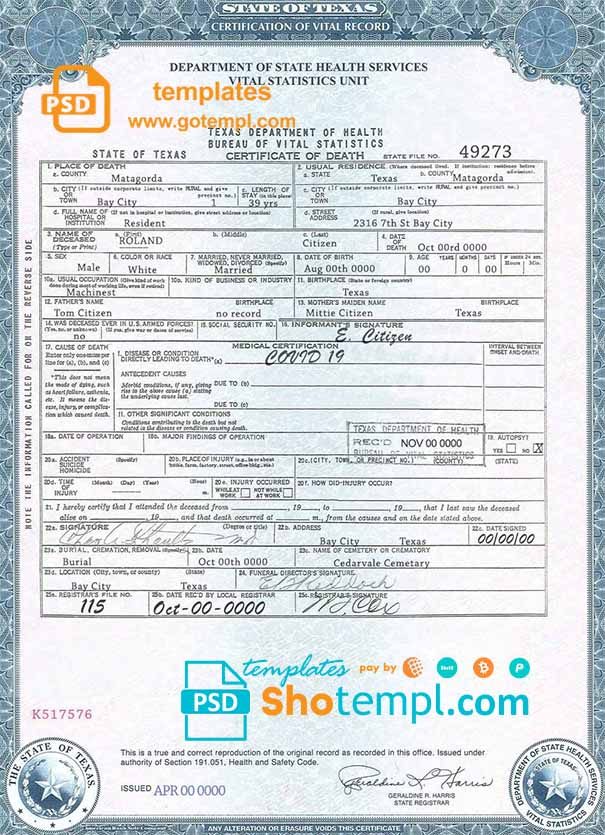 USA Texas state death certificate example in PSD format, fully editable, version 2