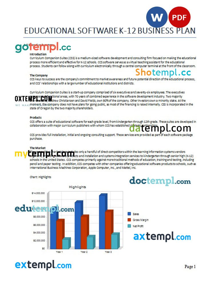 educational software k-12 business plan example in Word and PDF formats