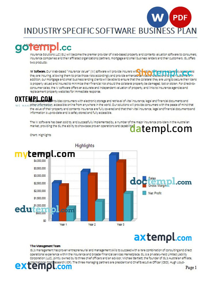 industry specific software business plan example in Word and PDF formats
