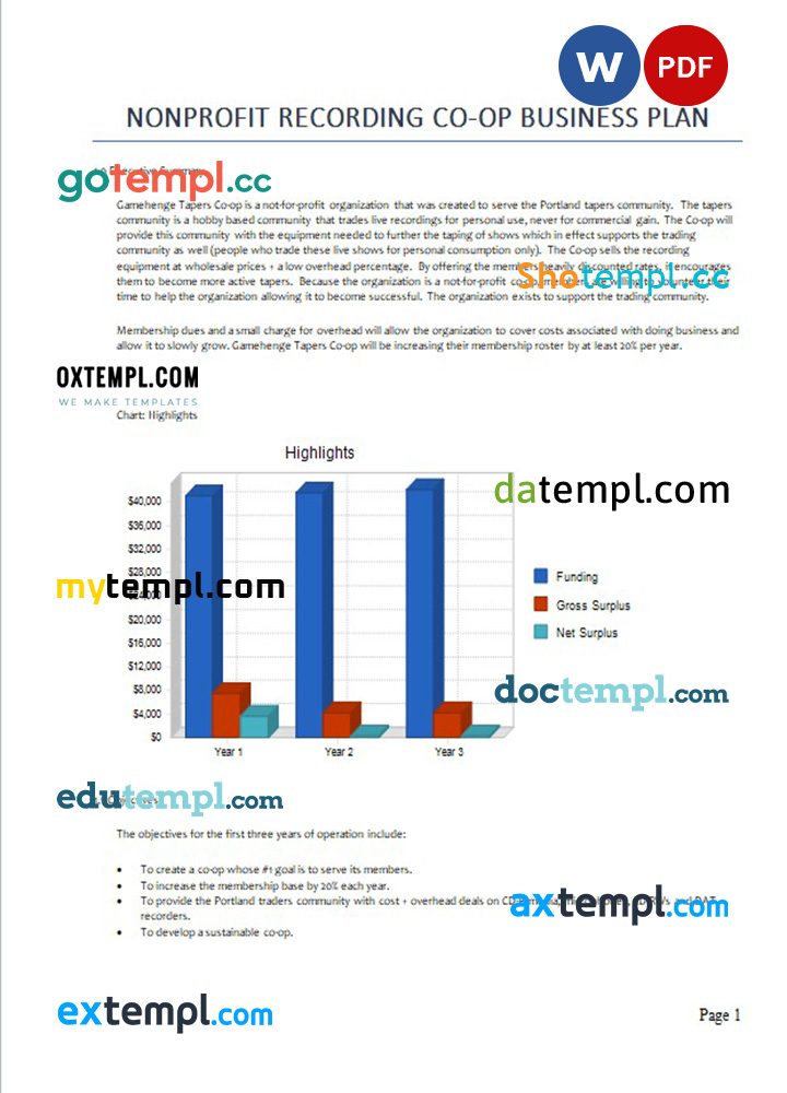 nonprofit recording co-op business plan example in Word and PDF formats