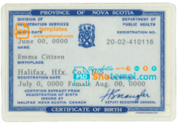 Canadian Province of Nova Scotia birth certificate example in PSD format