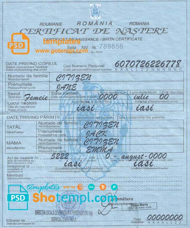 Romanian birth certificate example in PSD format, fully editable