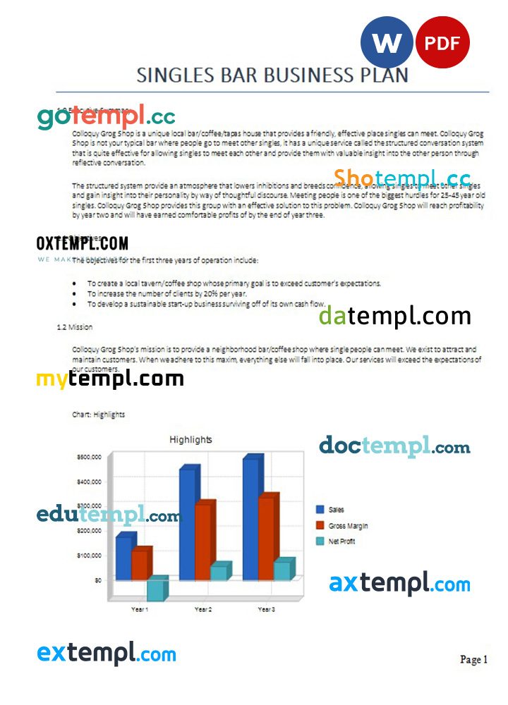 singles bar business plan example in Word and PDF formats