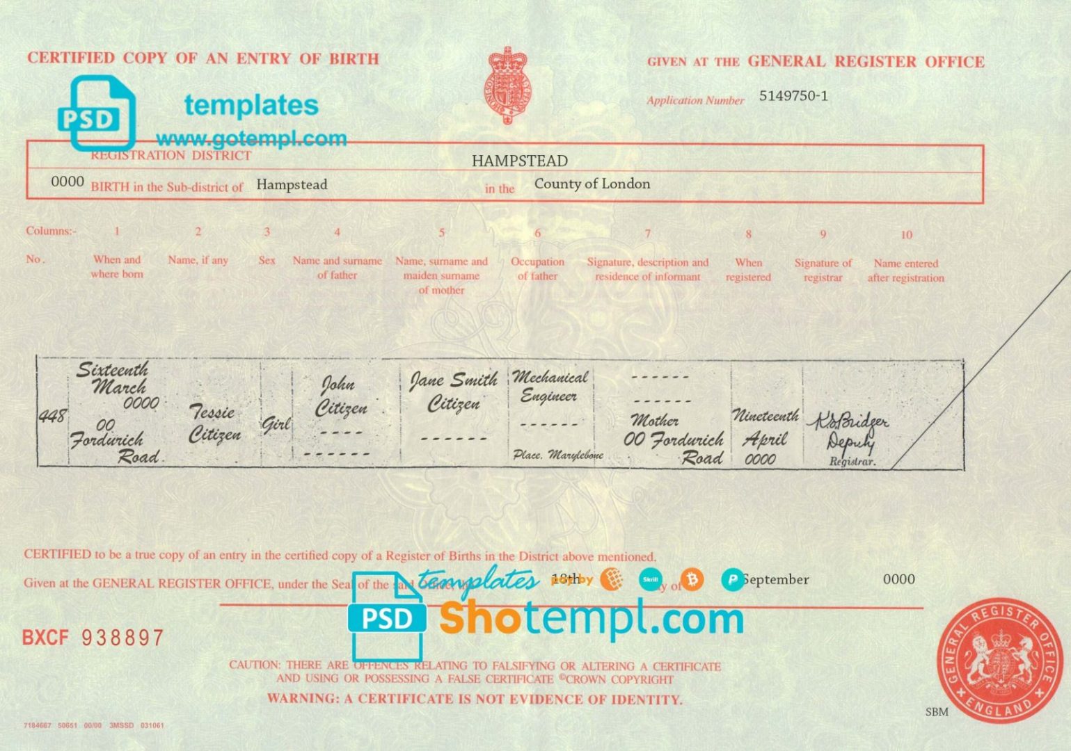 United Kingdom birth certificate example in PSD format, fully editable
