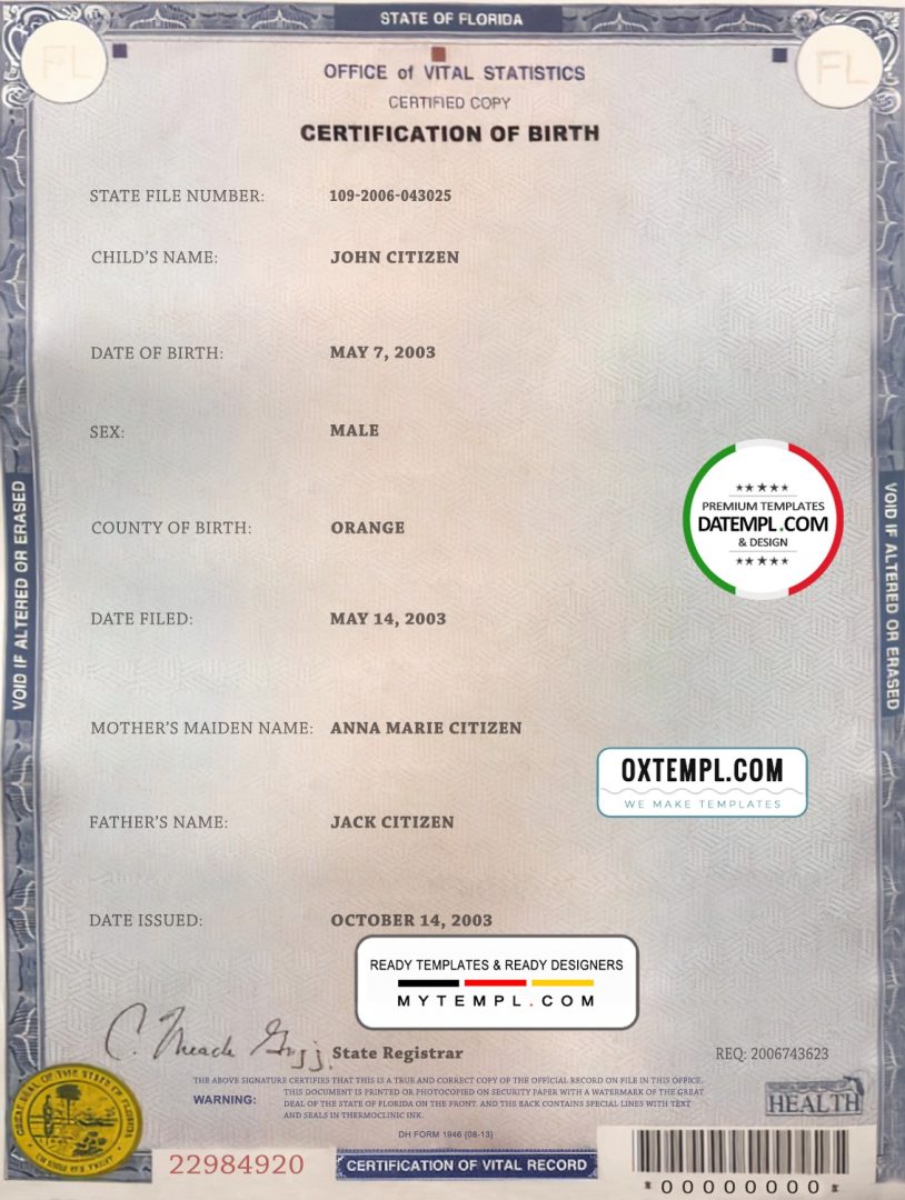 USA Florida state birth certificate example in PSD format, fully editable